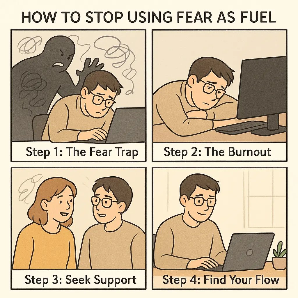 A four-panel comic showing a young adult's journey from fear-driven stress to calm, focused work with supportive coaching strategies.