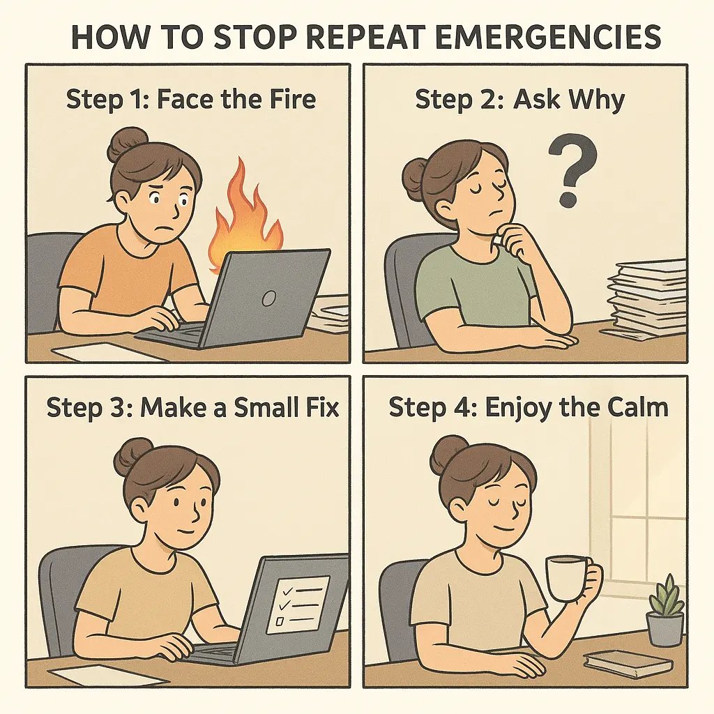 Four-panel comic showing a woman transforming from stressed firefighting to calm productivity through preventive thinking and small fixes.