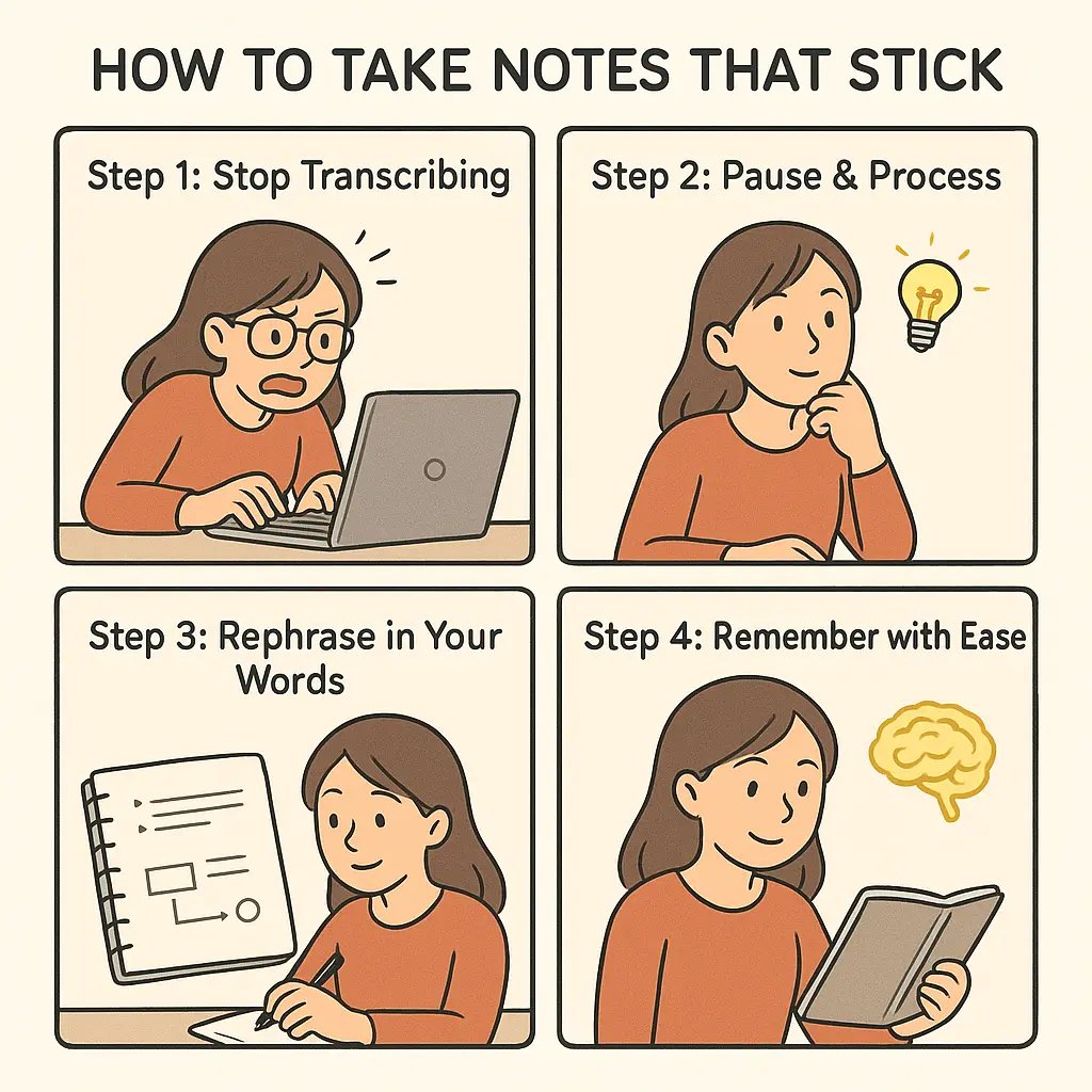 Four-panel comic showing a woman's journey from stressed transcribing to confident recall through better note-taking