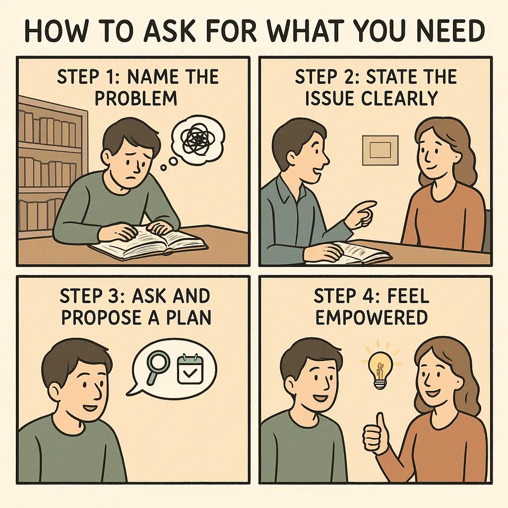 A four-panel comic showing a student learning self-advocacy, progressing from frustrated to confident while speaking with a supportive lecturer.