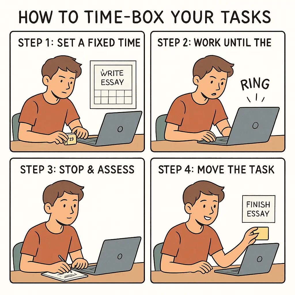 Four-panel comic showing a student mastering time-boxing: setting a timer, stopping when it rings, assessing remaining work, and calmly rescheduling tasks.