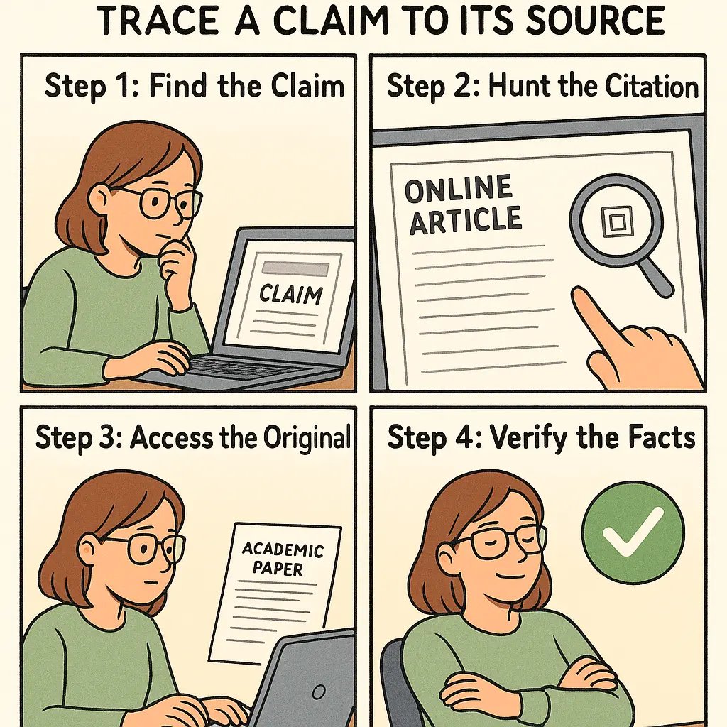 Four-panel comic showing a student tracing an online claim back to its academic source and verifying the information with confidence