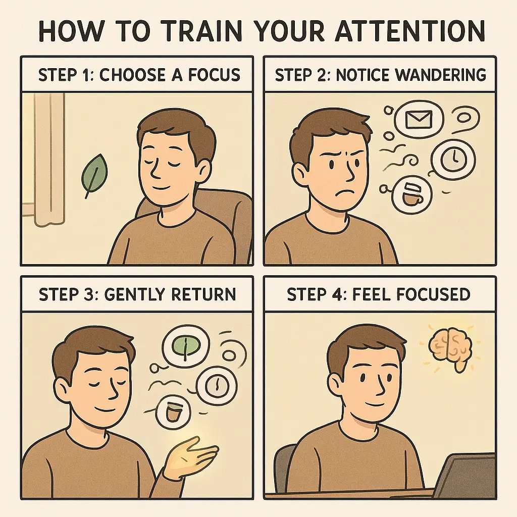 Four-panel comic showing a man training his attention through mindfulness steps, from choosing focus to feeling more concentrated