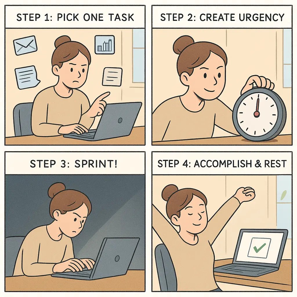 A young woman progressing through four steps: choosing one task, setting a timer, working in focused concentration, then relaxing with accomplishment.
