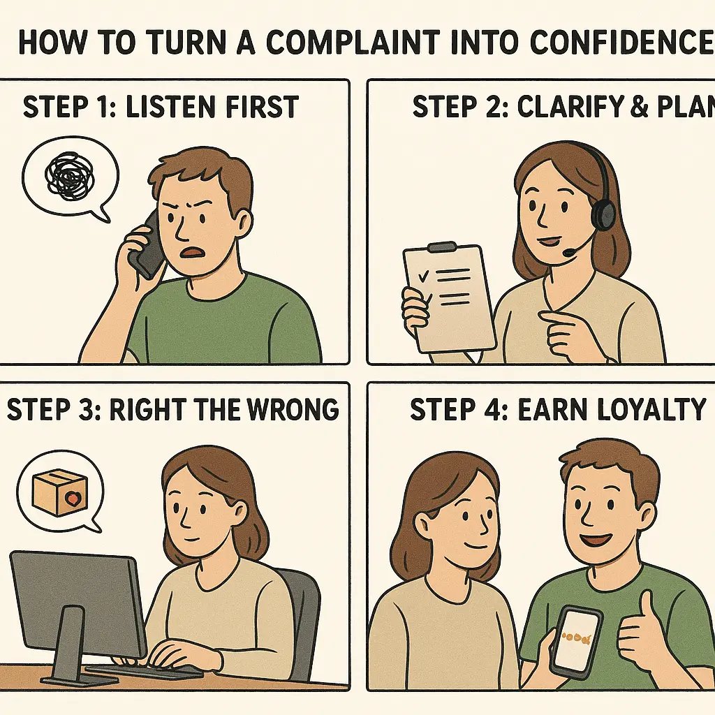 Four-panel comic showing customer service agent transforming frustrated customer into loyal fan through listening, planning, solving, and earning positive review