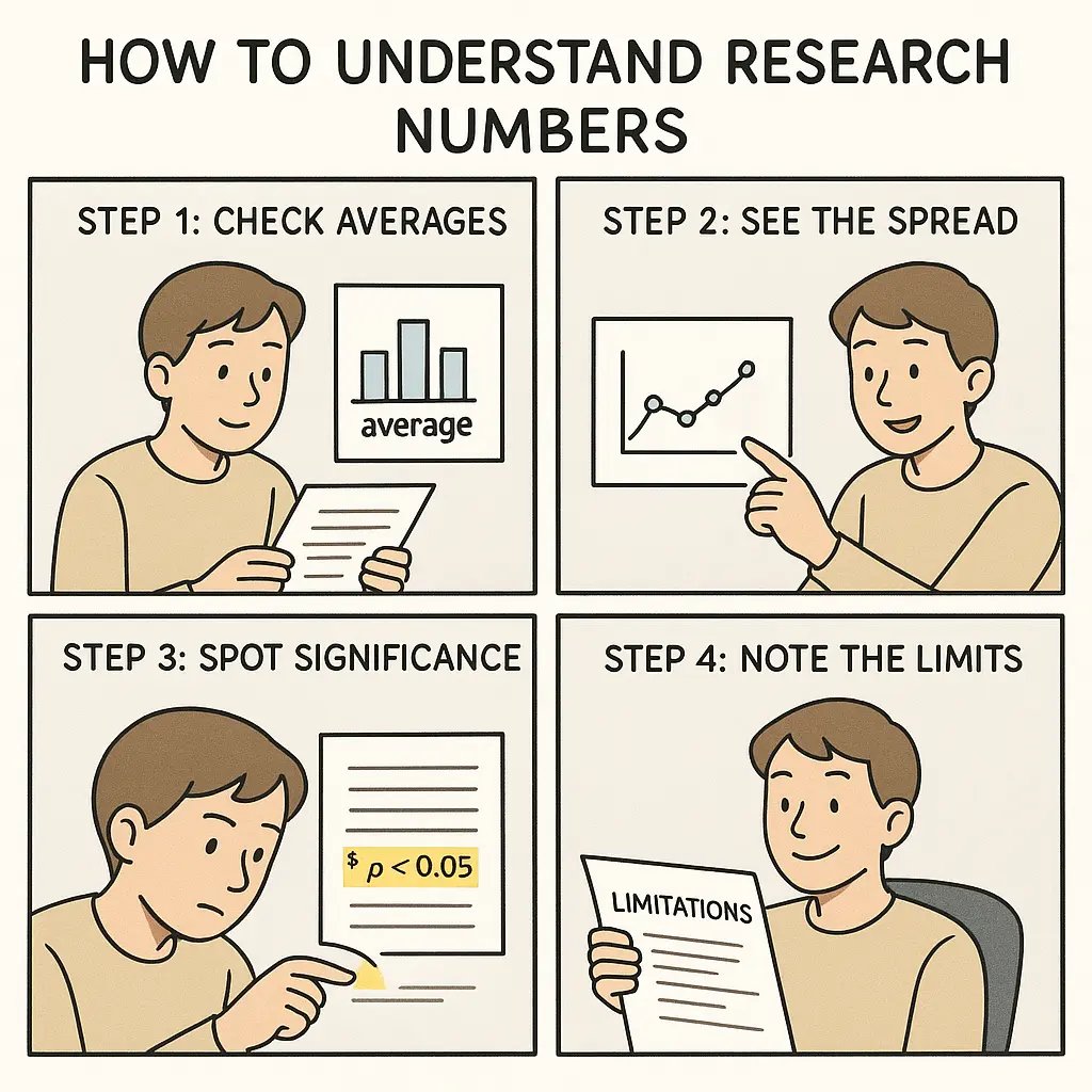 Four-panel comic showing a student learning to understand research papers through checking averages, spread, significance, and limits.