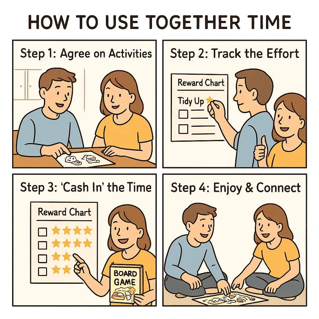 A four-panel comic showing two adults using Together Time to motivate: agreeing on activities, tracking effort, cashing in earned time, and enjoying a board game together.