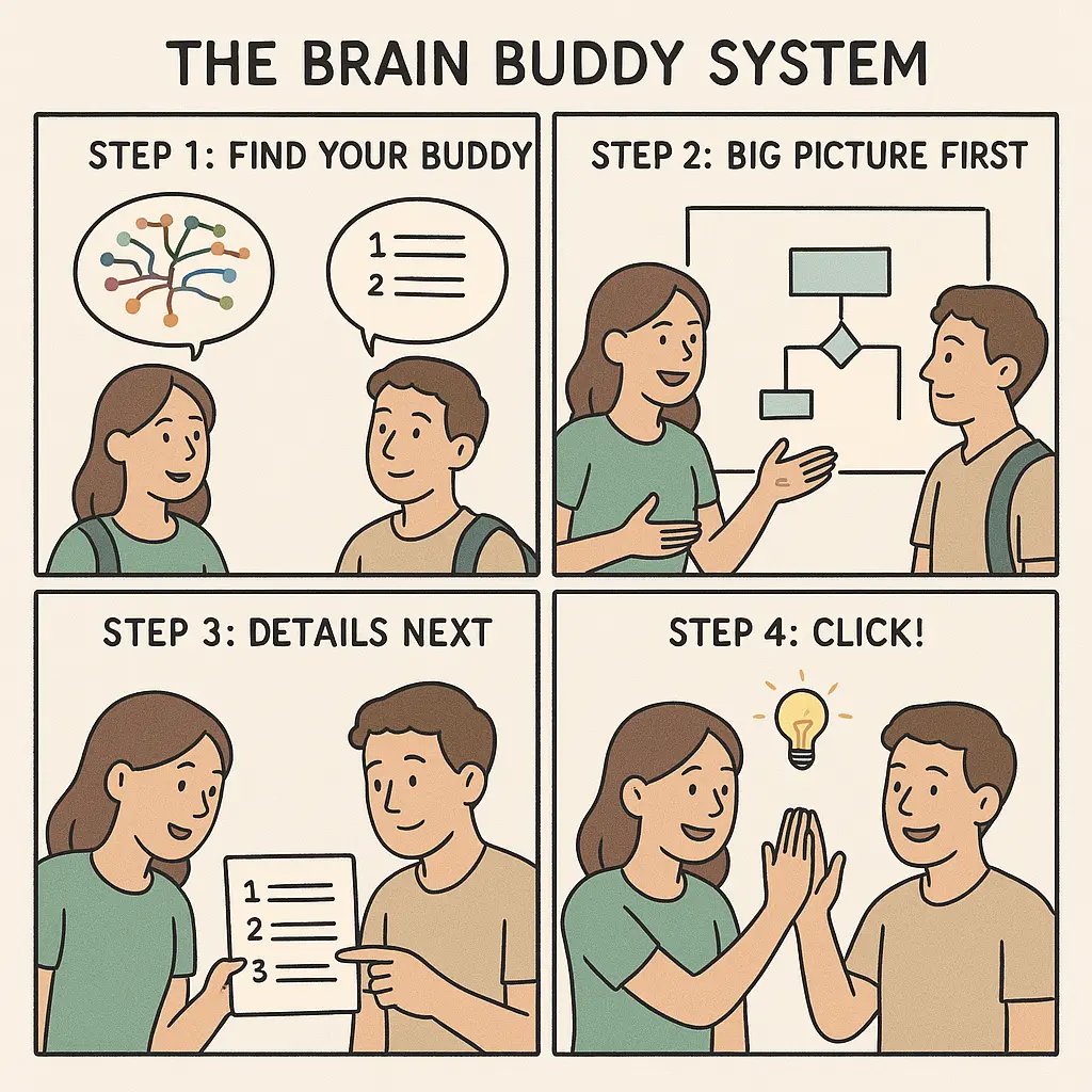 Four-panel comic showing two students collaborating: one big-picture thinker, one detail-focused learner, achieving shared understanding through the Brain Buddy System.