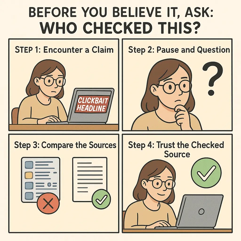 Four-panel comic showing a student learning to verify sources by questioning who checked the information before publication
