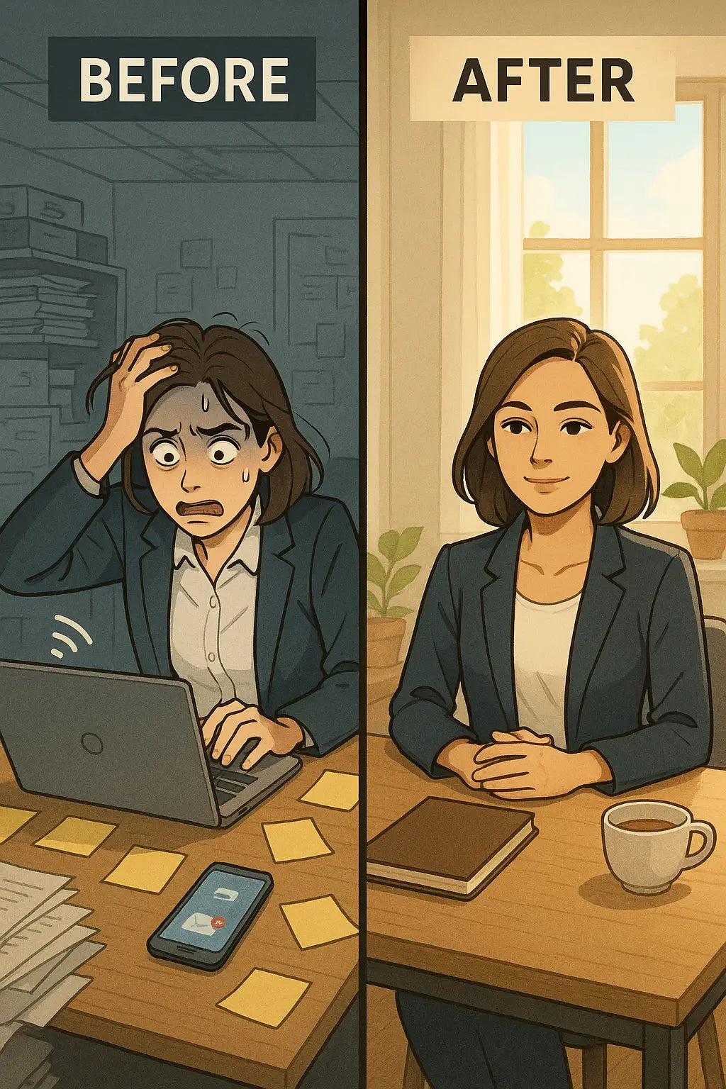 A professional woman at her desk transforming from scattered, stressed tool-hopping with multiple browser tabs to calm, focused work with a simple task list in warm natural light.