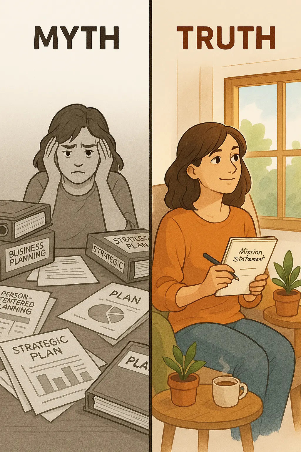 Side-by-side comparison showing a woman overwhelmed by complicated planning documents on the left, and the same woman calm with a simple notebook containing mission and vision statements on the right.