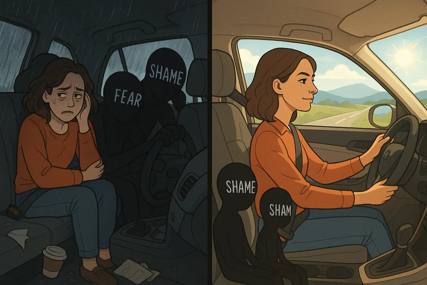 A split-panel illustration showing a woman's transformation from anxiously sitting in the back seat whilst fear and shame drive chaotically in a storm, to confidently driving on a sunny day with fear and shame as small, quiet passengers in the back.