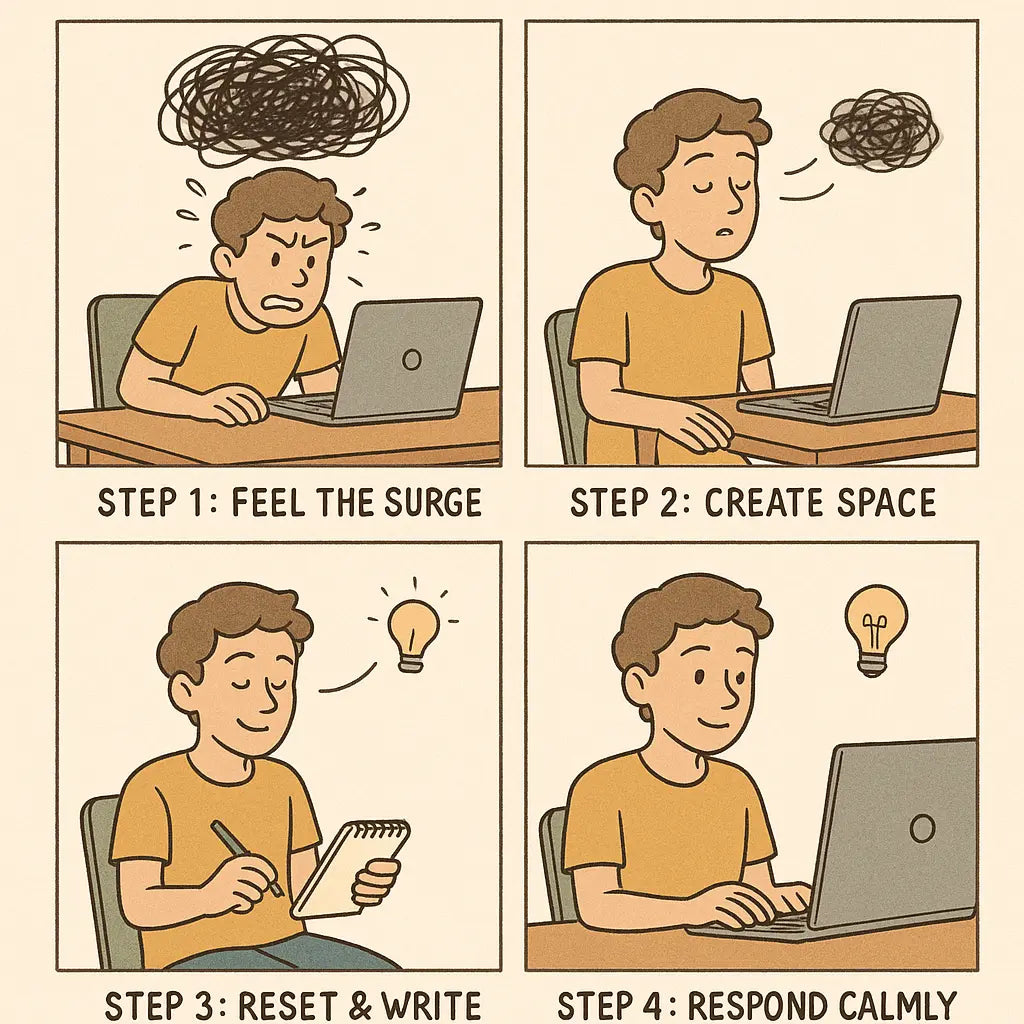 A four-panel comic strip showing a person transforming from overwhelmed to calm by stepping away from their desk, writing their thoughts, and returning to respond with clarity.