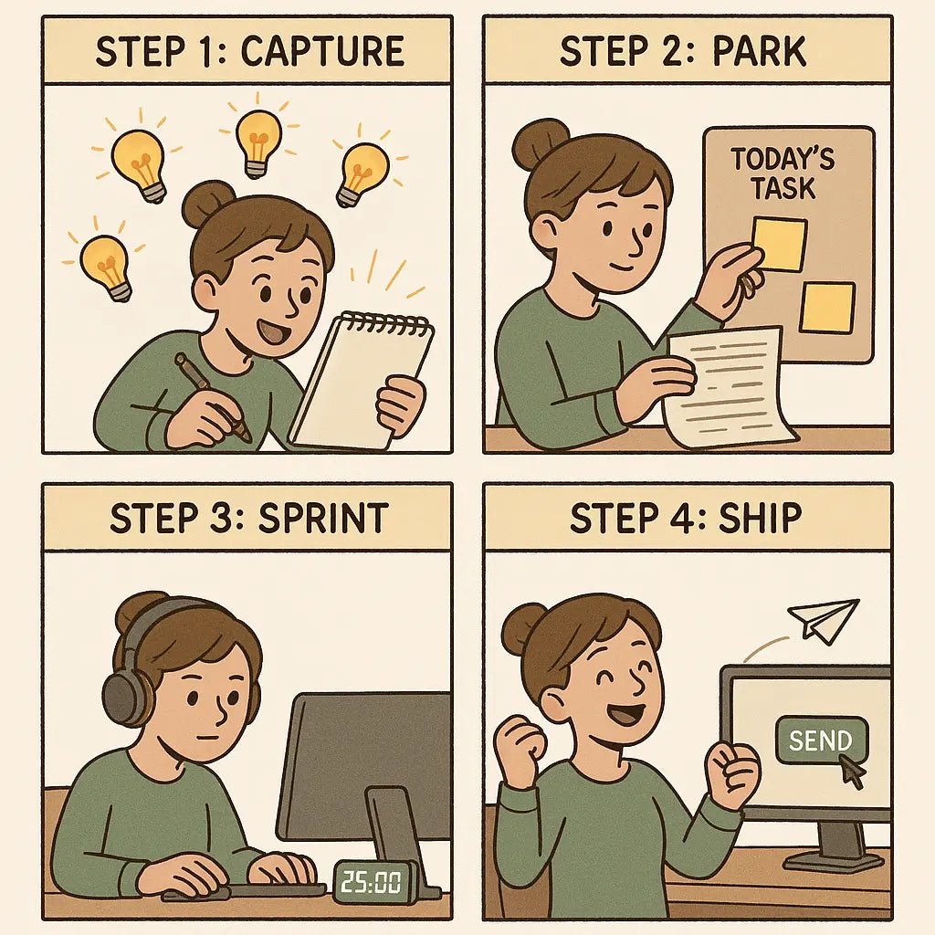 Four-panel comic of a woman's productivity pipeline: ideation, task management, focused work sprint, and successful project completion.