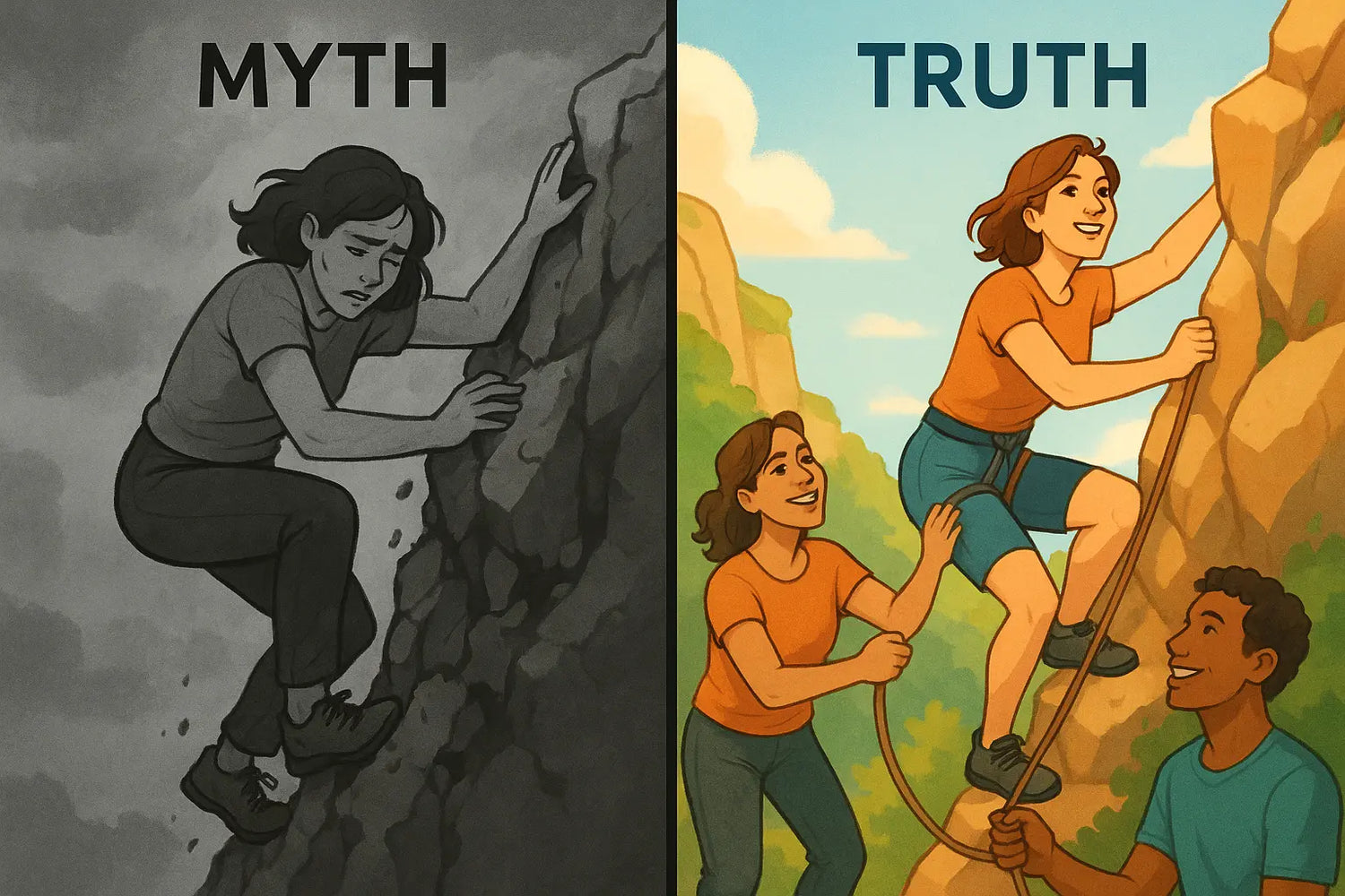 A woman confidently climbing a stable rock path with supportive friends helping her, contrasting with a lone woman struggling on a crumbling cliff, illustrating the power of having a support system for attention support challenges