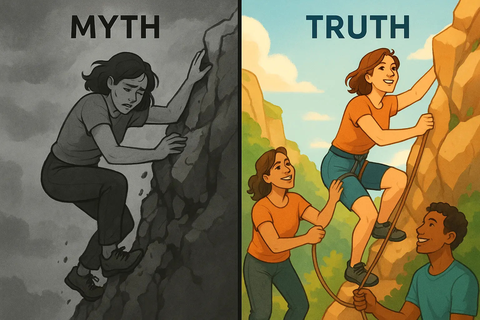 A woman confidently climbing a stable rock path with supportive friends helping her, contrasting with a lone woman struggling on a crumbling cliff, illustrating the power of having a support system for attention support challenges