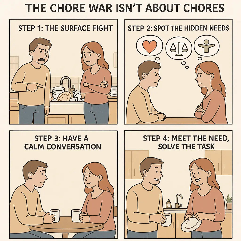 A four-panel comic strip showing a couple transforming from arguing over chores to working together as a team by addressing hidden emotional needs.
