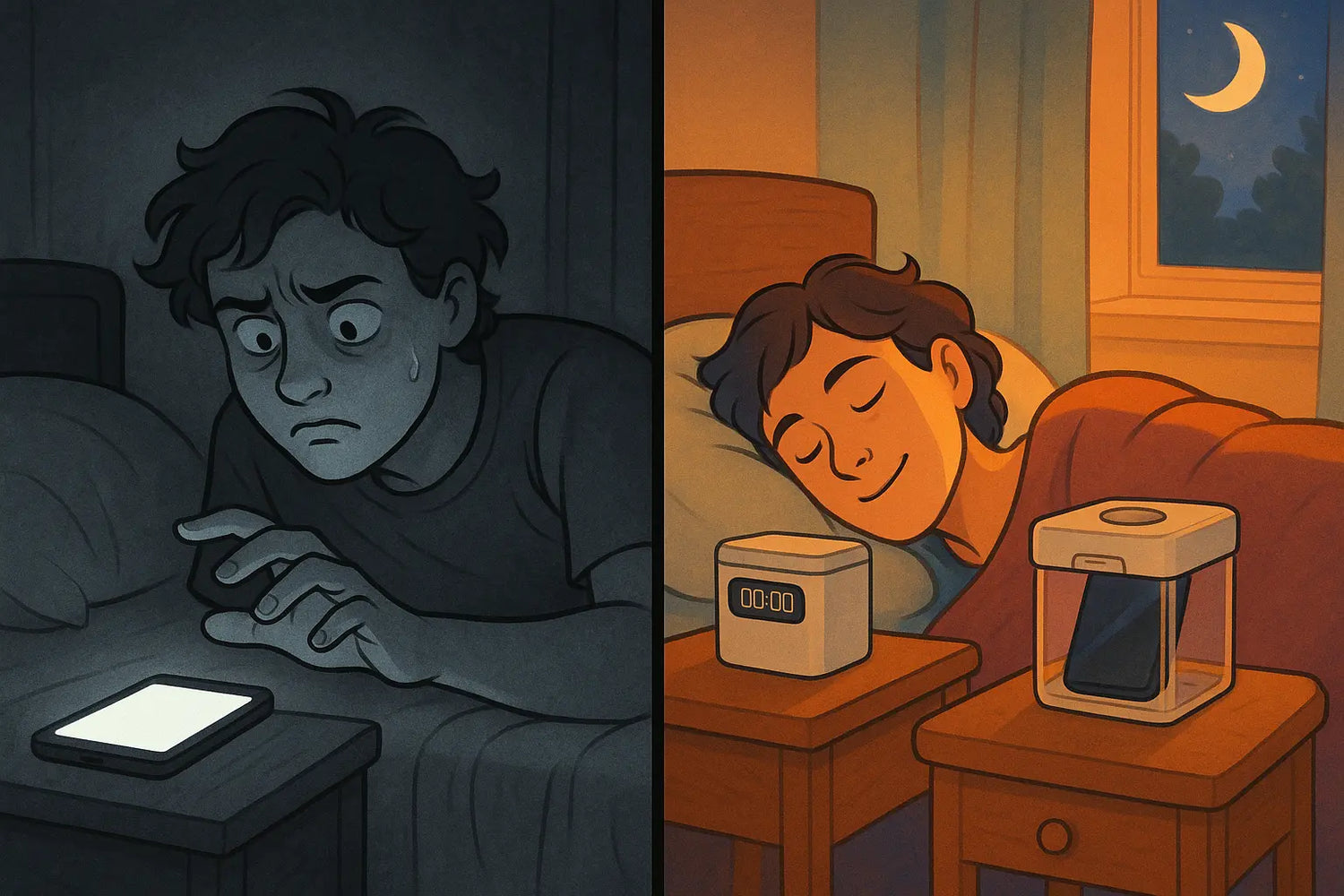 A comparison illustration showing a person struggling with phone temptation at night versus peacefully sleeping with their phone secured in a lockbox
