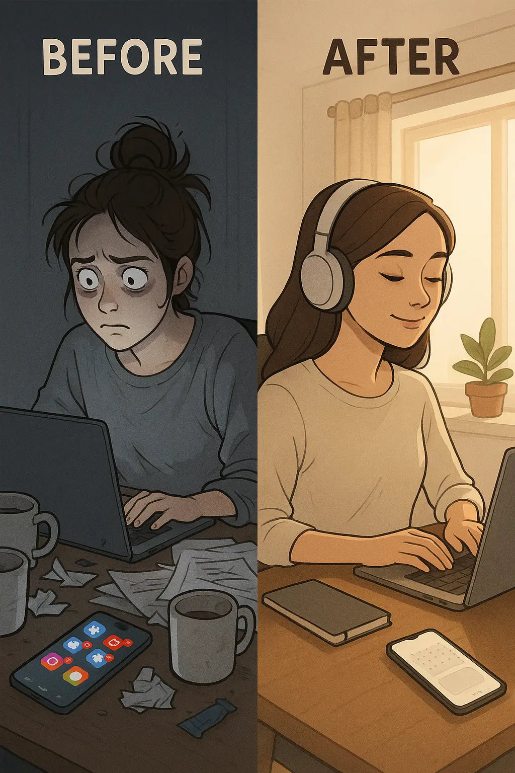 A before-and-after illustration showing a woman's workspace transformation from a cluttered, stressful desk with distractions to an organised, calm setup where she's focused and productive with headphones on.