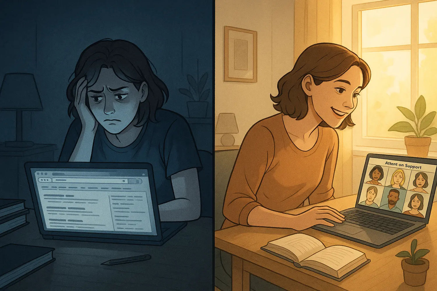 A woman transforms from feeling isolated whilst overwhelmed by laptop searches to happily connecting with a diverse support group via video call, with an open resource book in her lap.