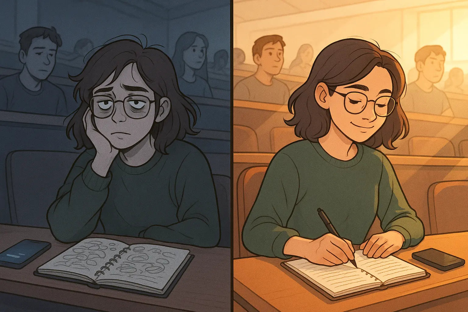 Split-panel illustration showing a student's transformation in a lecture hall, from distracted and overwhelmed on the left to focused and taking clear notes on the right.