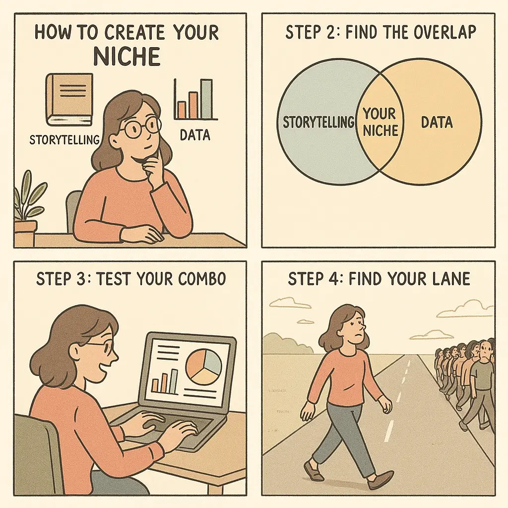 A four-panel guide showing a woman discovering her career niche by identifying skills, finding their overlap, testing combinations, and walking confidently down an uncrowded path.