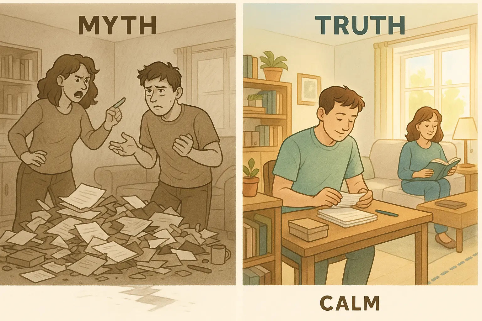 A couple peacefully managing separate organised zones in their home, with one partner sorting their own neat pile at a desk whilst the other relaxes on a clean sofa in the shared living area.