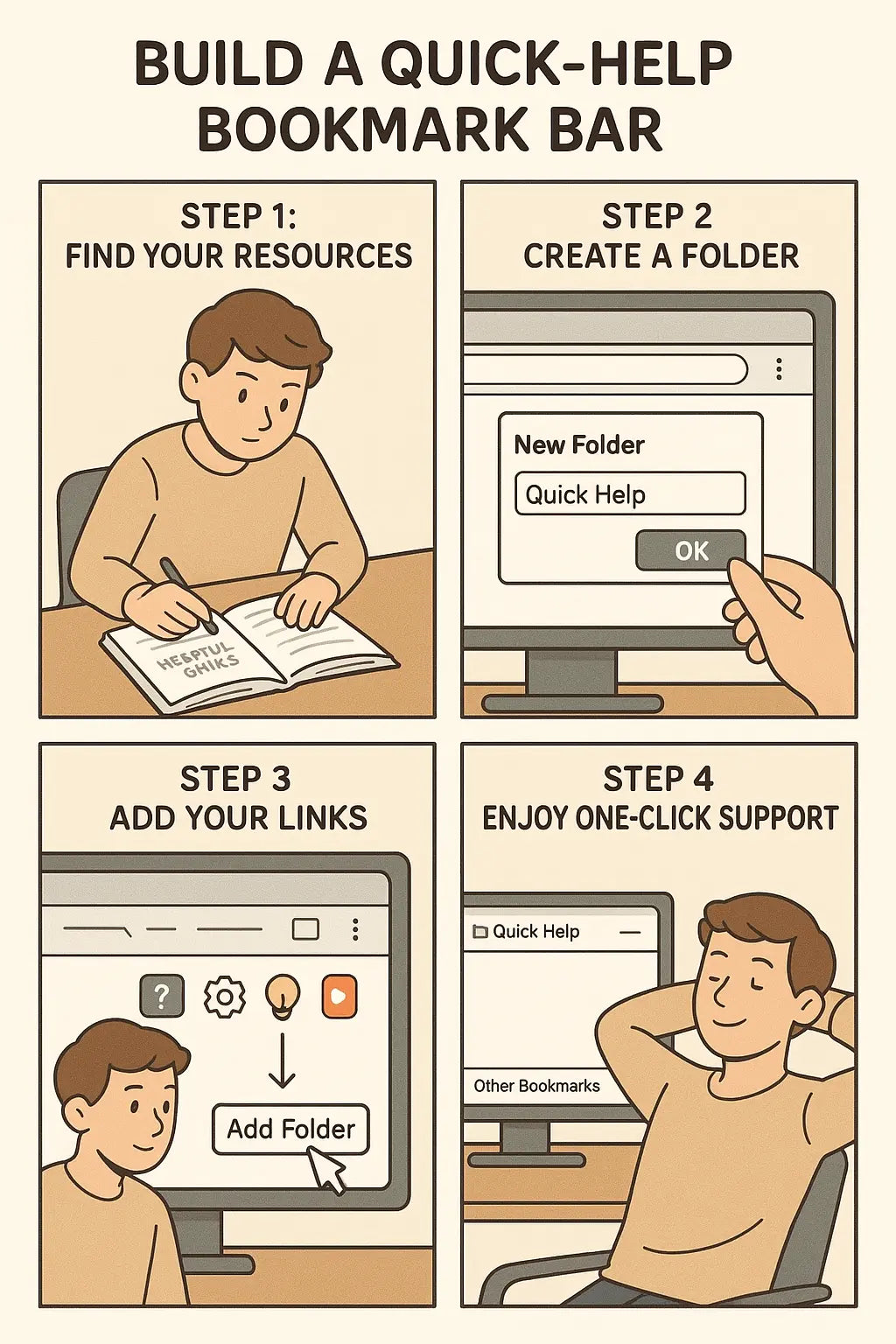 A four-panel comic strip showing a person creating a Quick Help bookmark folder in their browser, resulting in organised, one-click access to attention support resources.