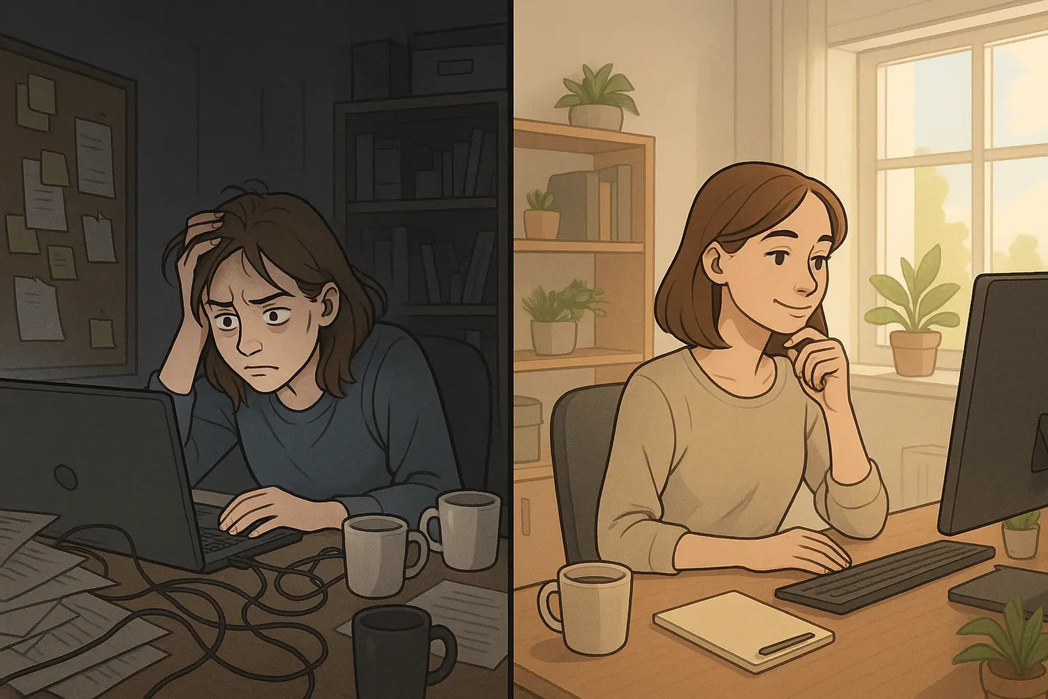 A woman transforms from overwhelmed at a chaotic desk to calm and in control at a tidy workspace after identifying her feelings.