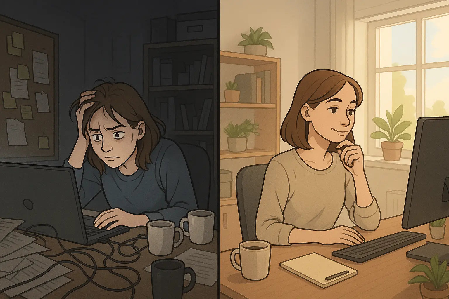 A woman transforms from overwhelmed at a chaotic desk to calm and in control at a tidy workspace after identifying her feelings.