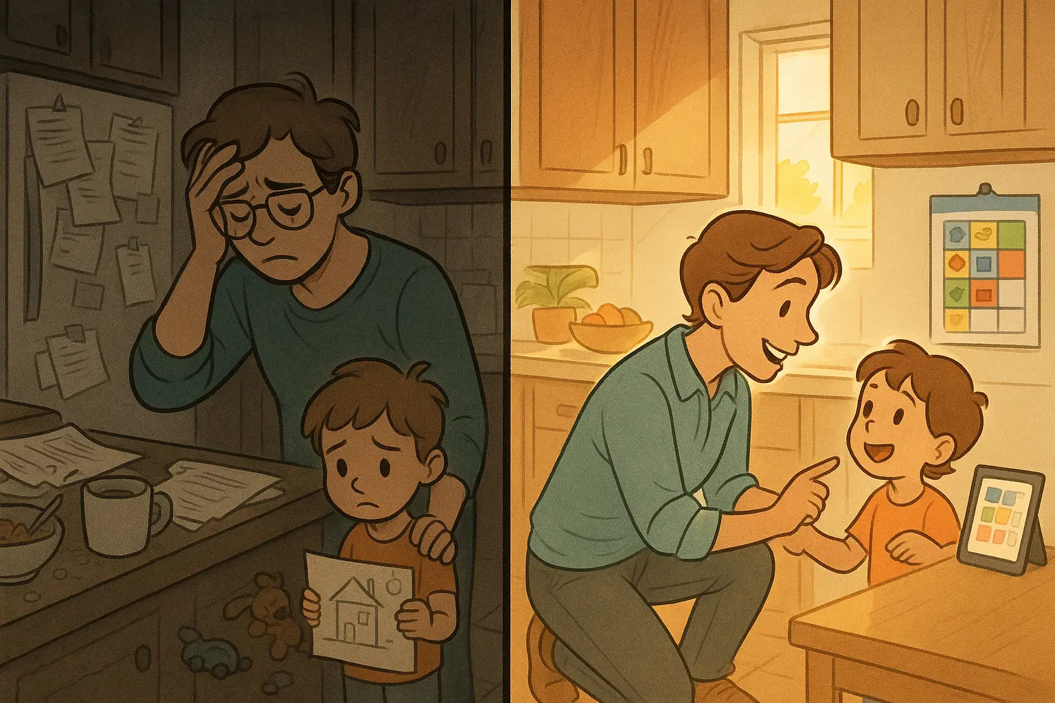 Split-panel illustration showing a parent's transformation from overwhelmed in a chaotic kitchen to calm and organised, happily connecting with their child using visual planning tools.