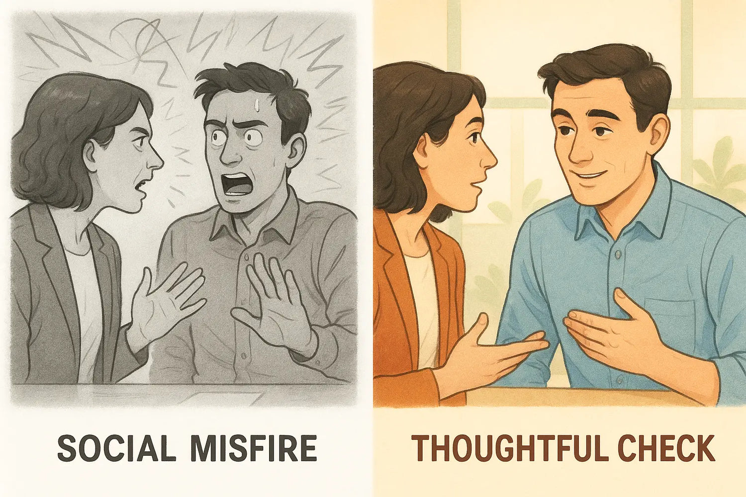 A side-by-side illustration showing a tense office conversation on the left and a calm, collaborative exchange on the right, demonstrating the difference between impulsive reactions and thoughtful pauses.