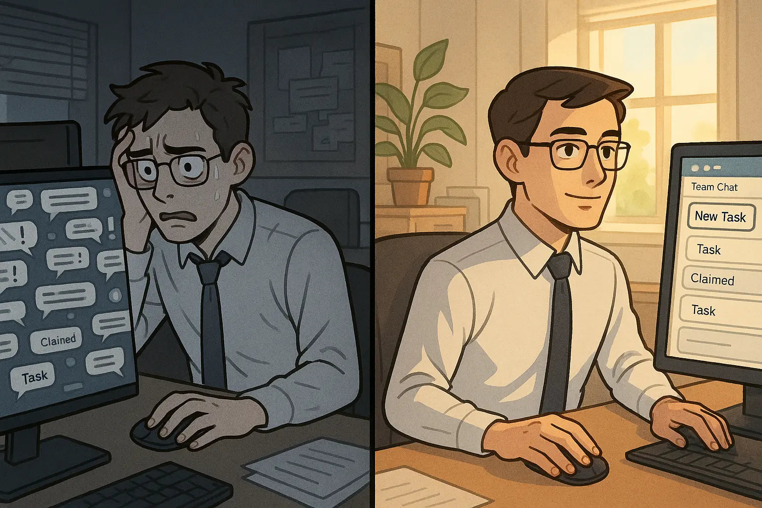 Split-panel illustration showing a professional's transformation from staring at a chaotic, unanswered team chat screen in stress to confidently claiming and organising a new task in a clear, orderly digital workspace.