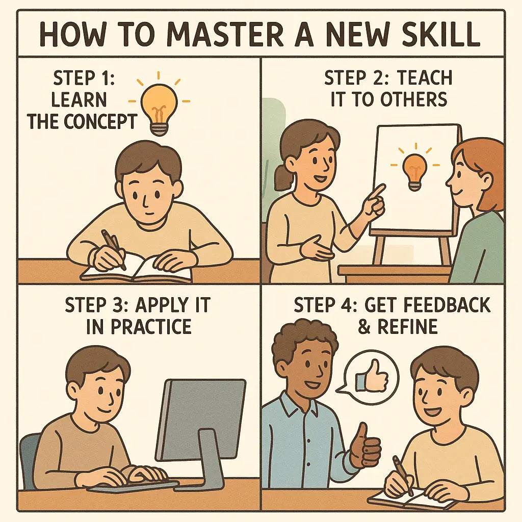 A four-panel comic strip showing the journey from learning a concept to mastering a skill through teaching, practice, and feedback in a clean, simple illustration style