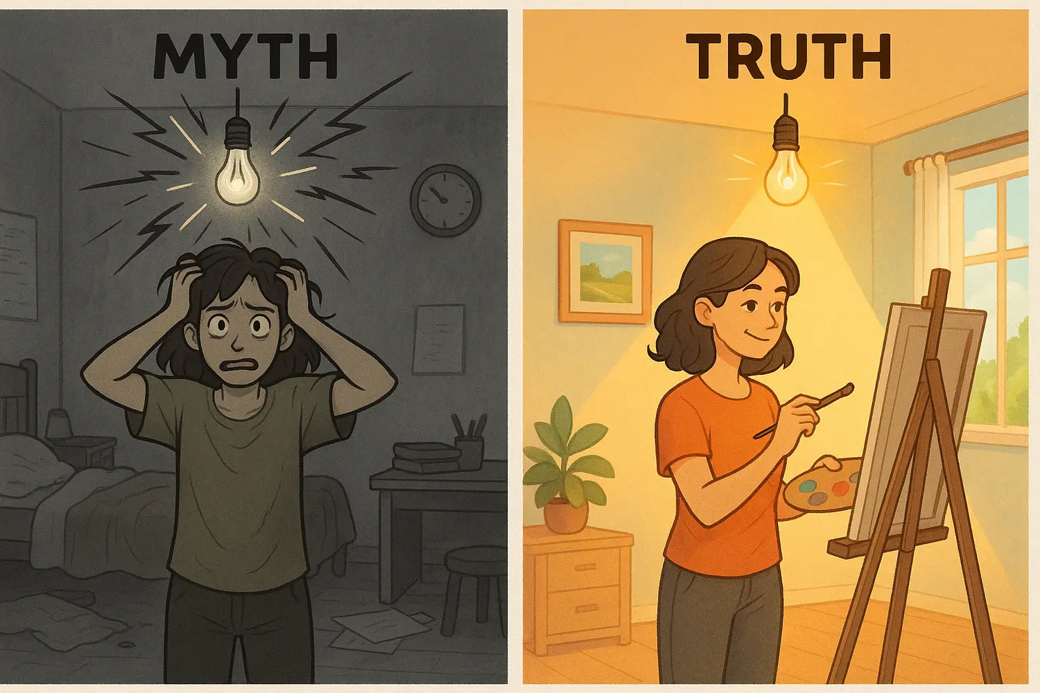 A split illustration showing a woman with attention support needs transforming from overwhelmed in a chaotic room with a flickering lightbulb to confident and focused, painting at an easel illuminated by a powerful, warm spotlight.