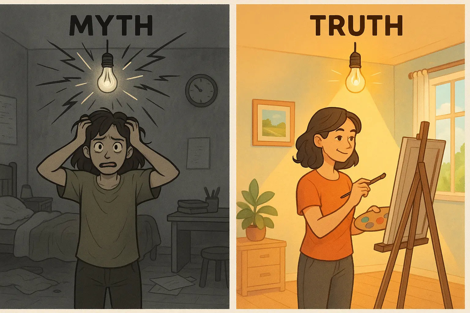 A split illustration showing a woman with attention support needs transforming from overwhelmed in a chaotic room with a flickering lightbulb to confident and focused, painting at an easel illuminated by a powerful, warm spotlight.