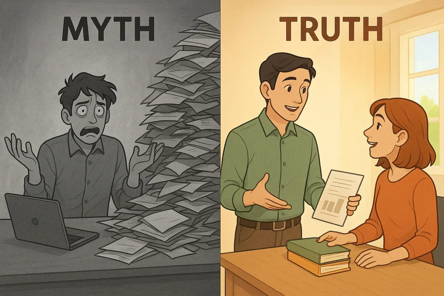 A side-by-side illustration showing a stressed person overwhelmed by paperwork on the left, and the same person confidently communicating their needs to a colleague beside a tidy desk on the right.