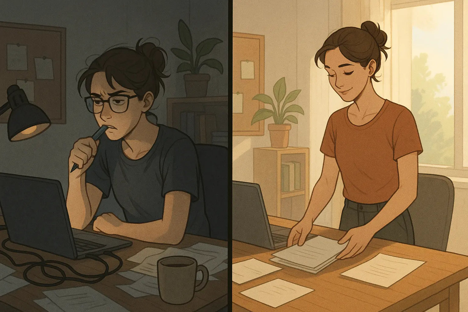 A woman transforms from frustrated at a chaotic desk to calmly organising her workspace with a satisfied smile, illustrating the power of mood-based task matching.