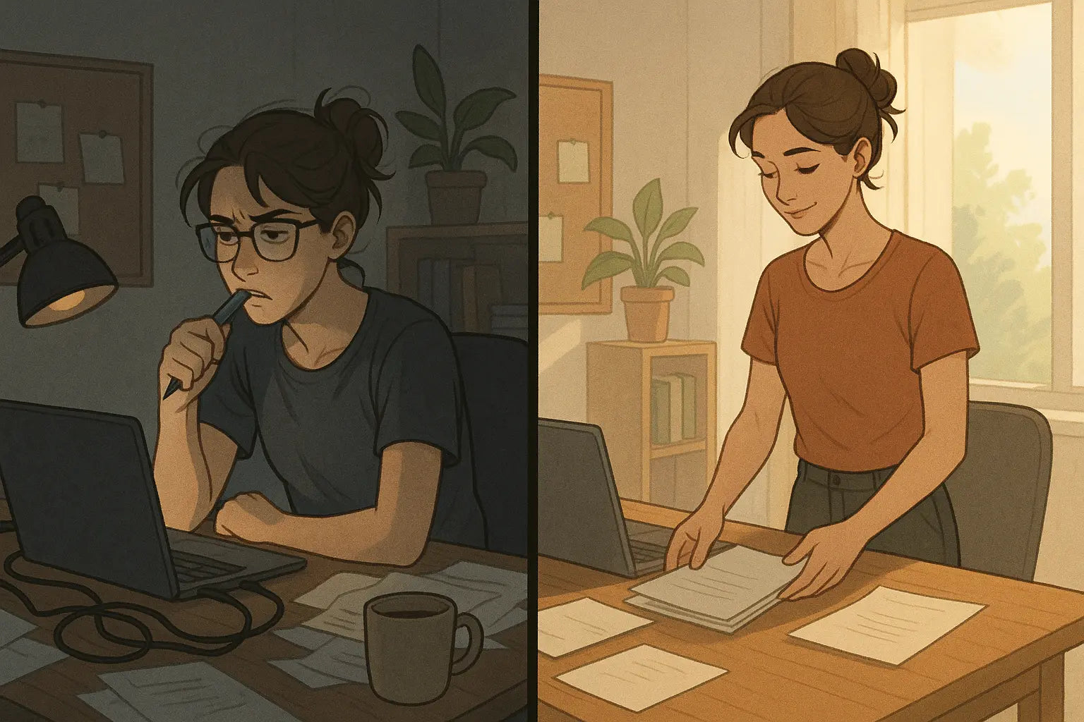 A woman transforms from frustrated at a chaotic desk to calmly organising her workspace with a satisfied smile, illustrating the power of mood-based task matching.