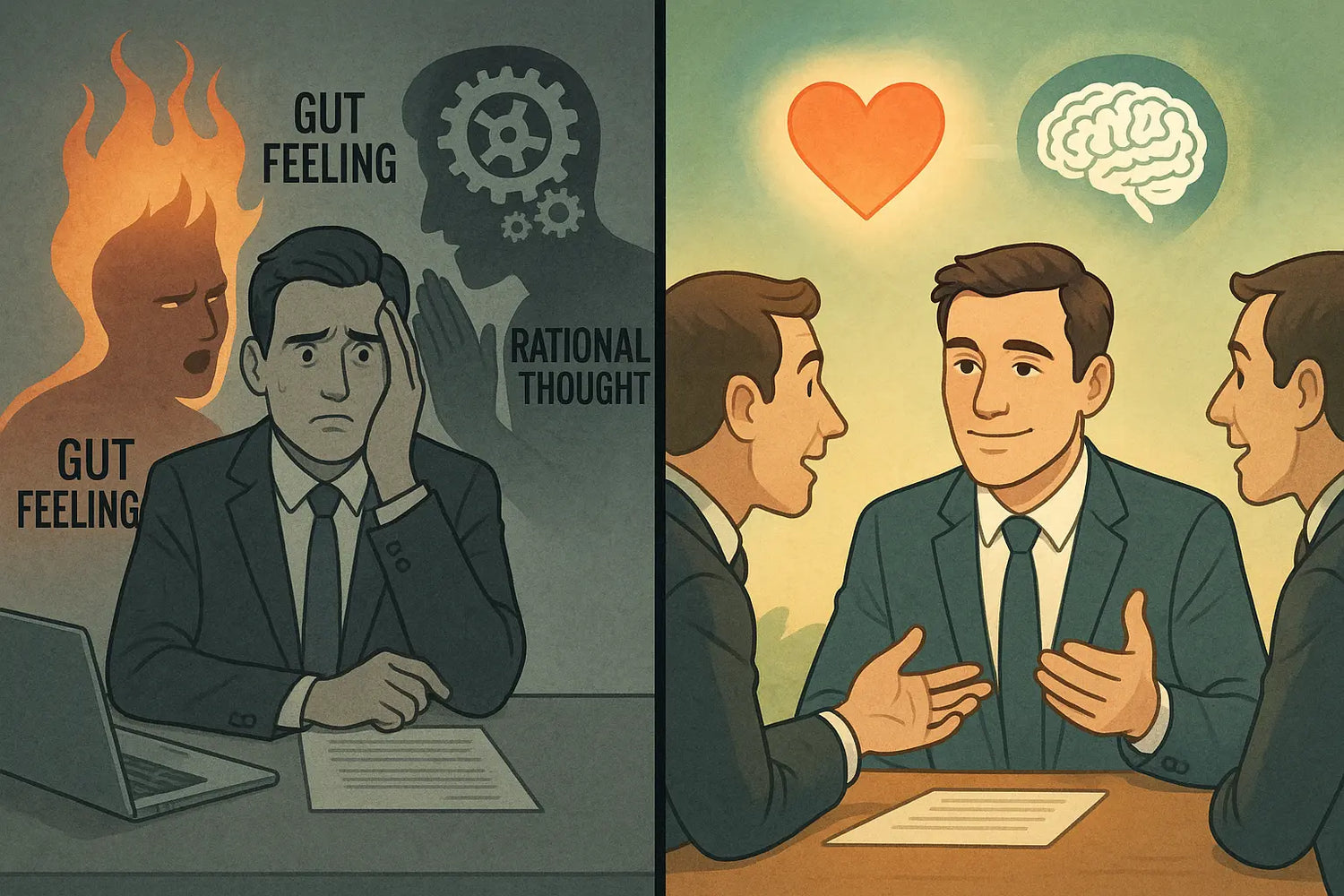 A digital illustration showing a professional in a meeting, confidently blending intuition and logic with glowing heart and brain icons merging together above their shoulder