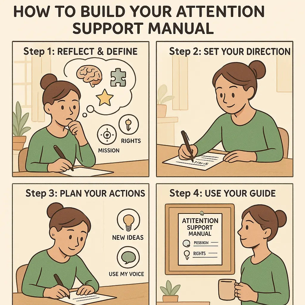 A four-panel comic strip showing a woman creating her personalised Attention Support Manual through reflection, direction-setting, action planning, and finally displaying her completed guide on a corkboard with confidence.