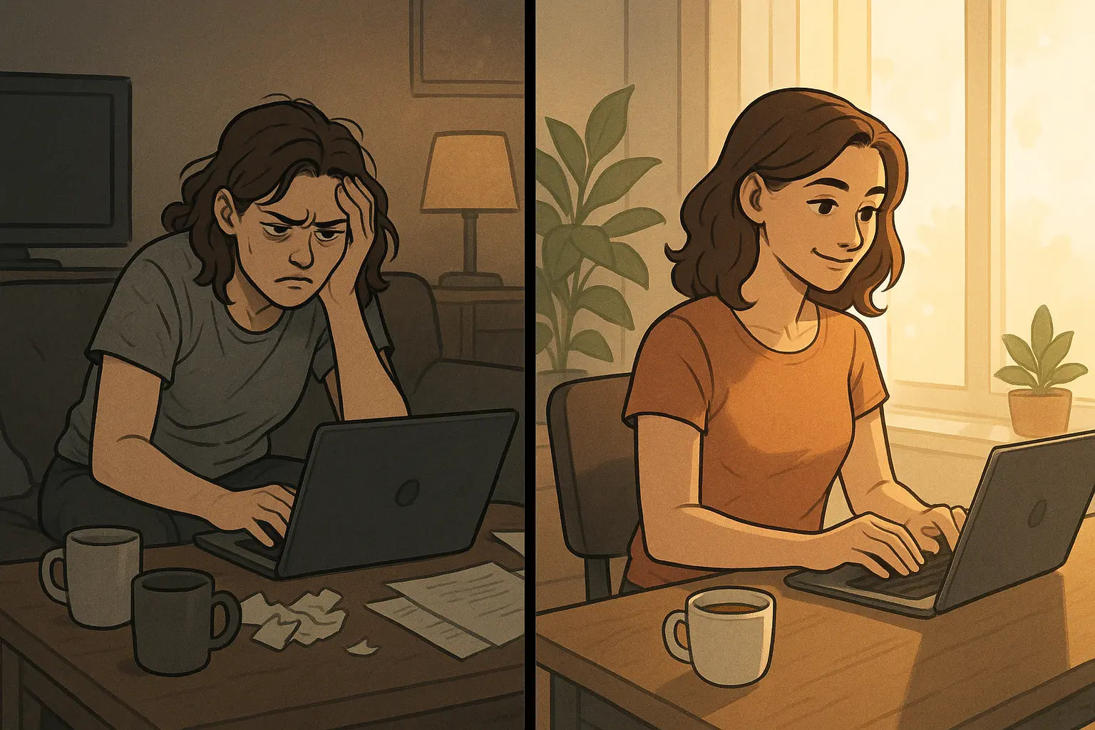 Split illustration showing a woman transforming from frustrated work on a cluttered sofa to calm, focused productivity at an organised desk by a bright window.