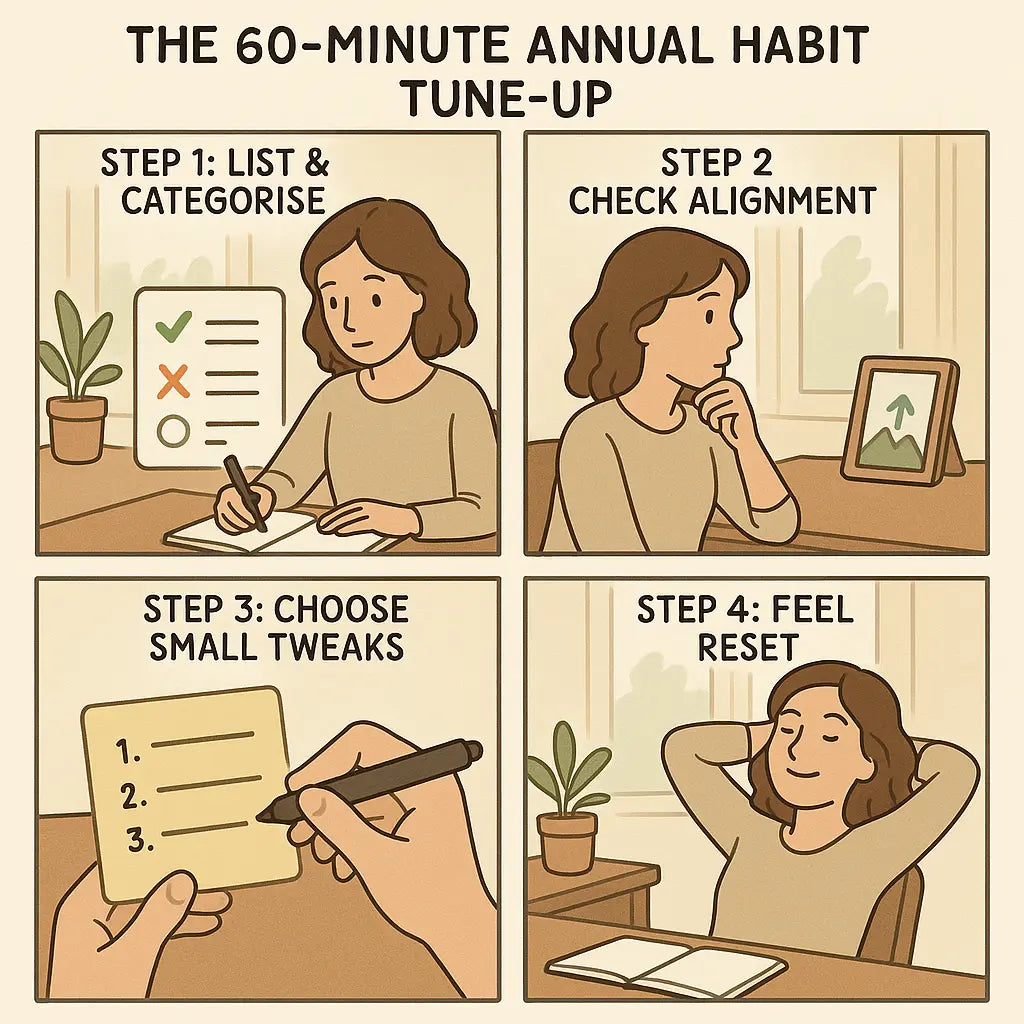 A four-panel comic strip showing a woman in a calm home office completing her annual habit review by listing habits, checking alignment with values, choosing small tweaks, and feeling peacefully reset for the year ahead.