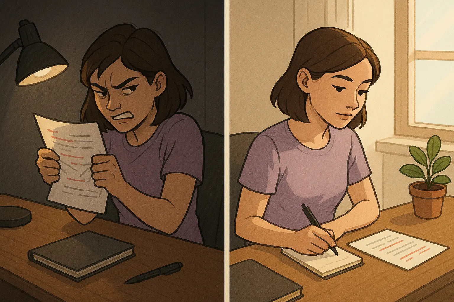 Split-panel illustration showing a woman's transformation from defensively gripping feedback to calmly analysing it for growth at her desk