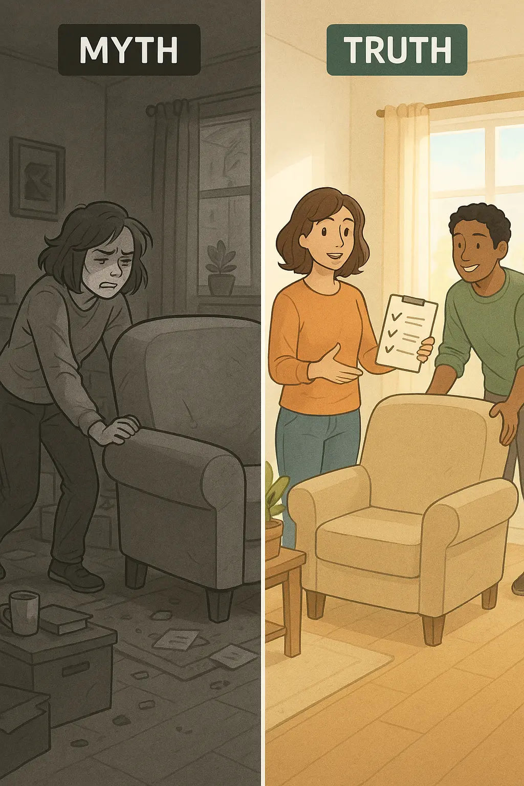 A woman who needs attention support calmly uses a checklist to collaborate with a friend in a bright, organised room, illustrating the ease of asking for help.