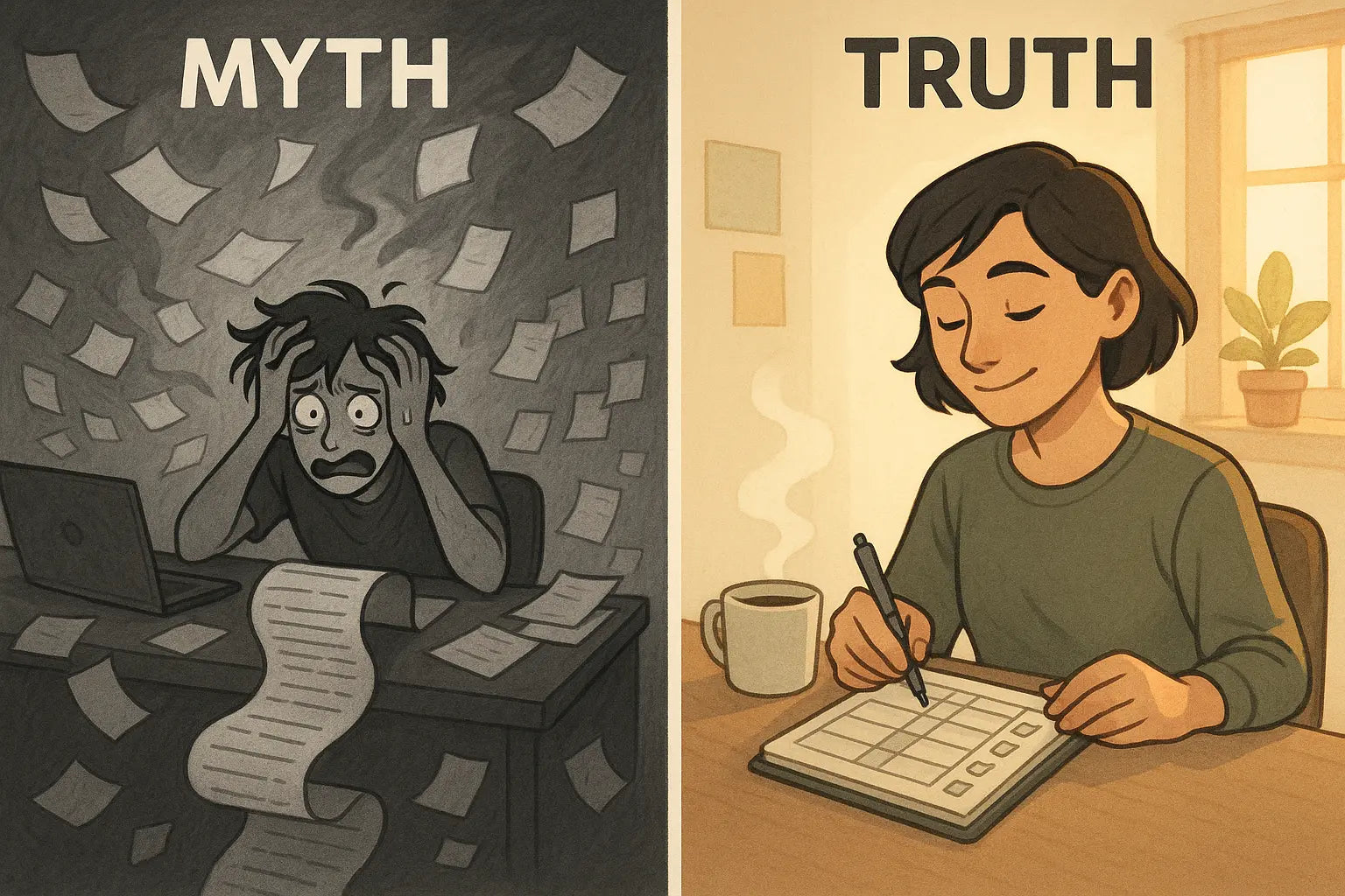 A side-by-side comparison illustrating the myth of productivity as a stressed person overwhelmed by endless tasks, versus the truth of a calm person confidently completing a simple, well-planned schedule.