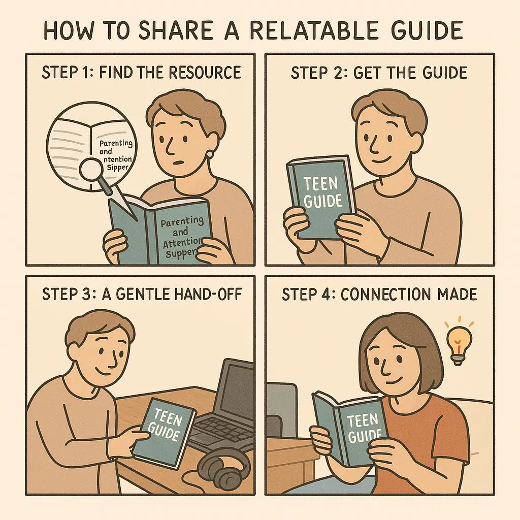A four-panel comic showing a parent discovering a teen-written guide, gently placing it for their teenager to find, and the teen reading with a look of recognition and relief.