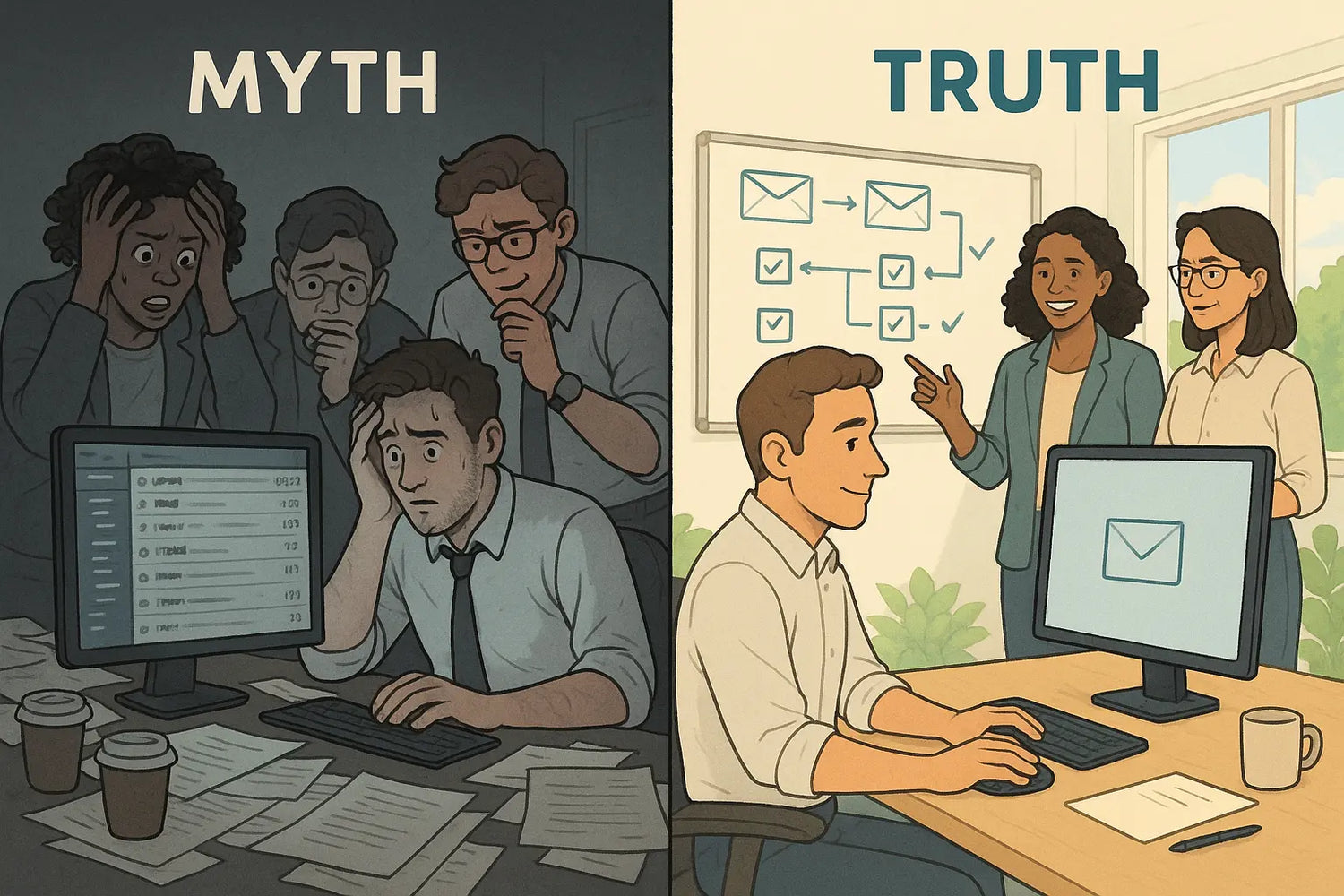 A side-by-side comparison showing a stressed team around an overflowing inbox on the left, and a calm team with an empty inbox and organised workflow on a whiteboard on the right.