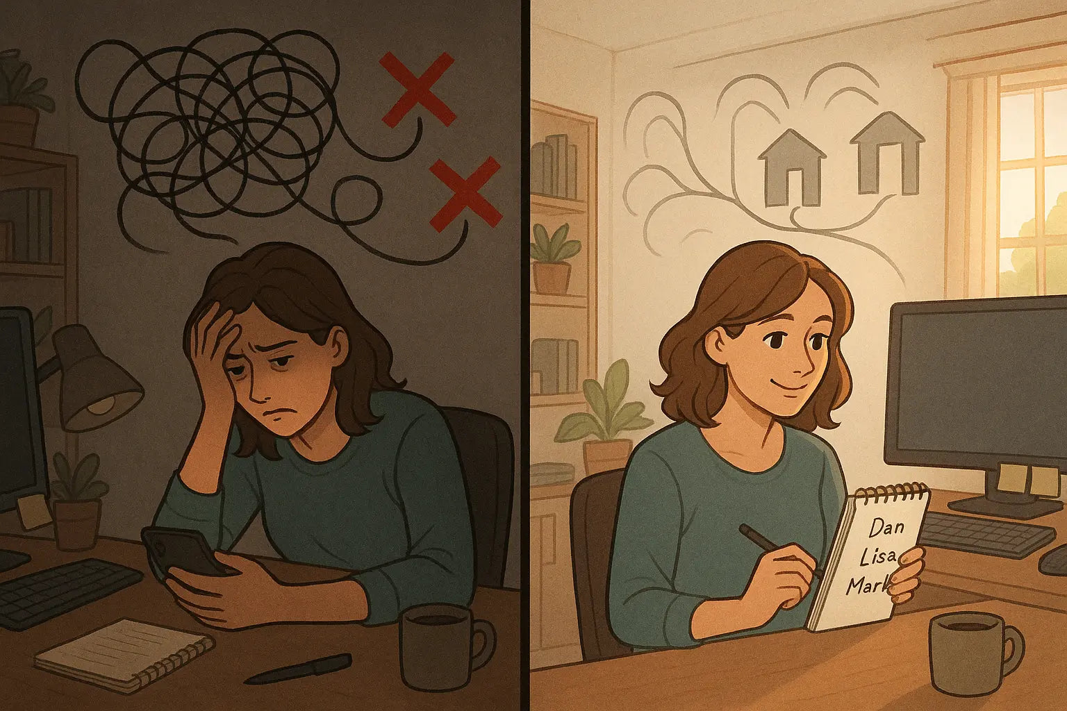 A woman sitting at her desk in a cosy home office, smiling hopefully as she looks at a notepad with referral names, symbolising the transformation from frustration to clarity in finding local attention support.