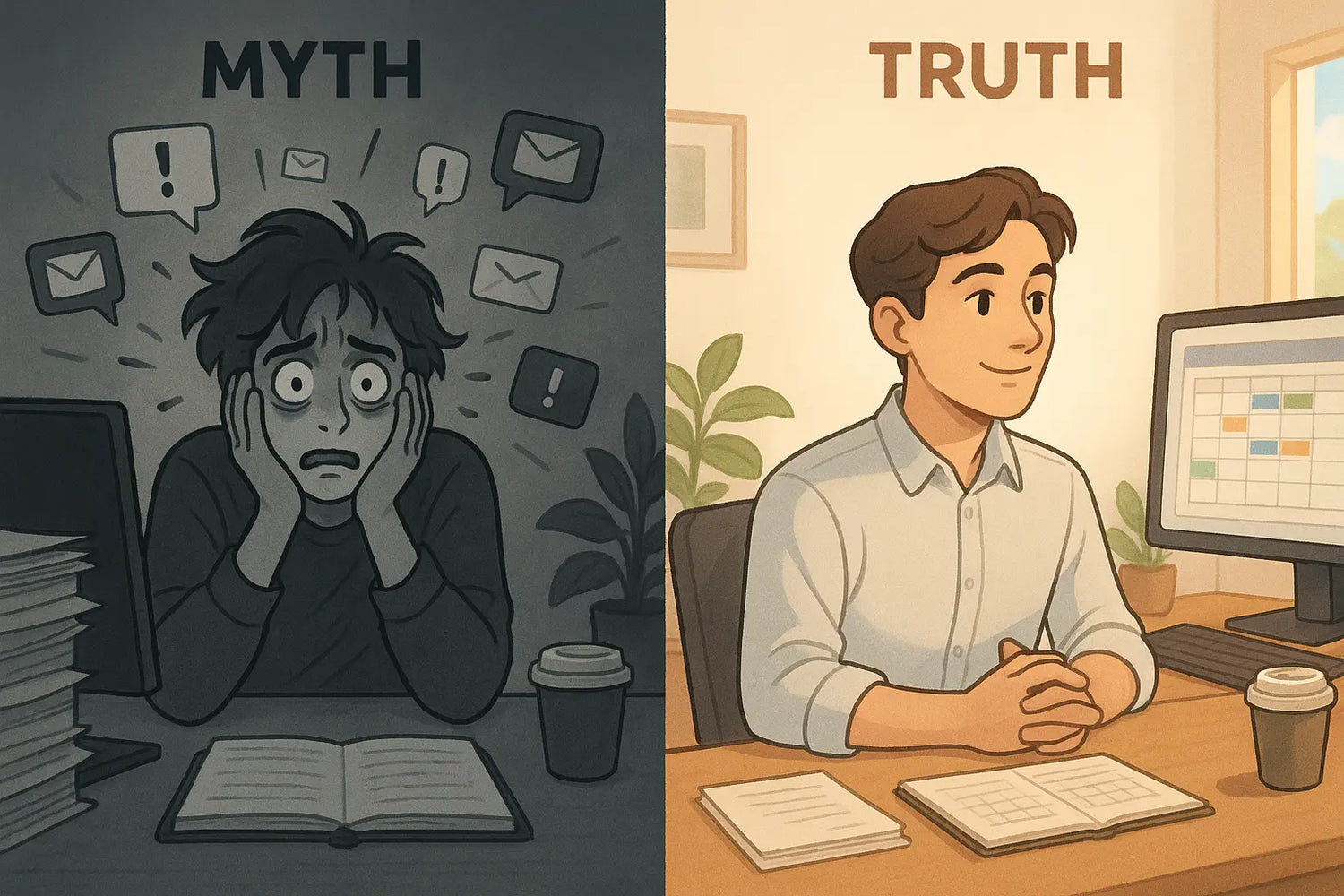 Side-by-side comparison showing a stressed person overwhelmed by chaotic email notifications versus the same person calm and organised with clear response time expectations.